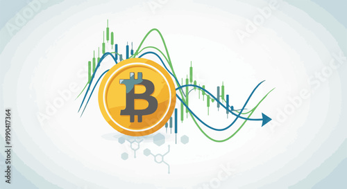 Golden cryptocurrency coin with downward trending stock market graph and arrow
