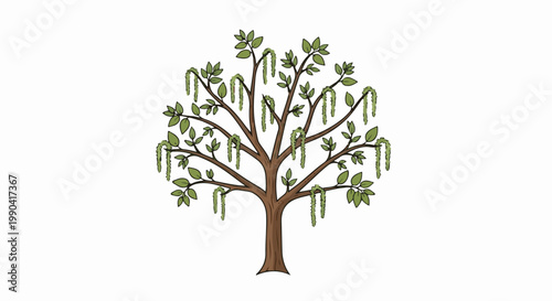 Stylized tree with green leaves and dangling catkins