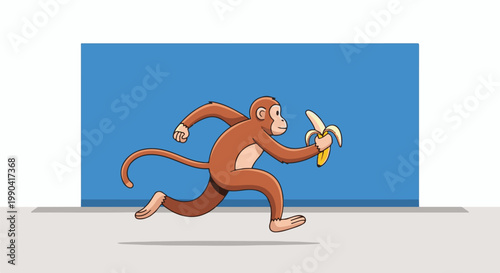A brown monkey runs with a peeled banana against a blue background