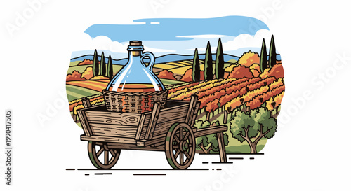 Rustic cart with wine jug in autumnal vineyard under blue sky