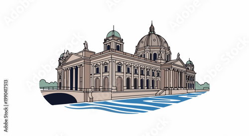 A grand classical building with multiple domes and columns, situated beside a blue, wavy body of water