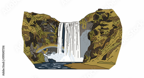 Lush waterfall cascades down rocky cliffs, creating mist and a faint rainbow over a tranquil river