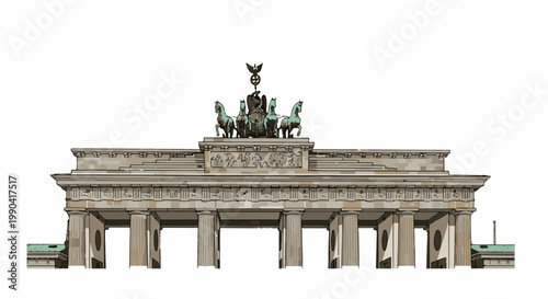 An illustrated depiction of a grand neoclassical archway, topped with a chariot pulled by horses, stands against a white background