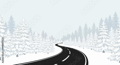 A winding asphalt road cuts through a snow-covered evergreen forest under a pale sky