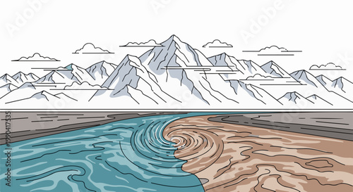 A stylized landscape with snow-capped mountains above a swirling river meeting sandy terrain