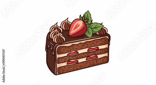 Rich chocolate cake slice with cream frosting, strawberry slices, and mint leaf topping