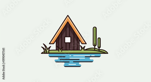 A simplistic, stylized depiction of a rustic wooden cabin nestled beside a tranquil body of water