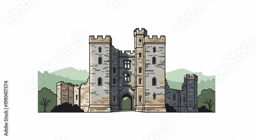 A ruined stone castle structure with arched gateway and flanking towers stands against a backdrop of rolling green hills