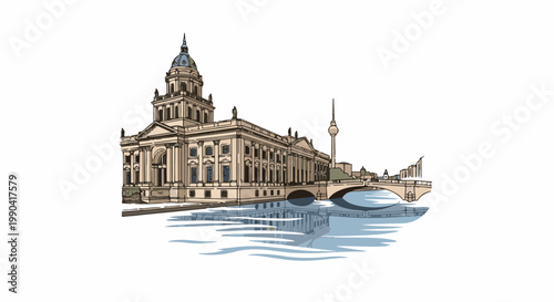 Ornate building with dome and tower overlooks a river with a bridge