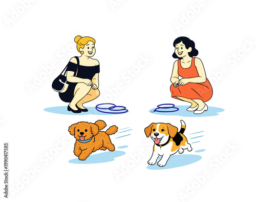 Two women sitting with their dogs. Friendly pet lifestyle illustration isolated on white. Female owners relax on the ground with small companion dogs in a calm social scene. Ideal for friendship.