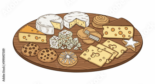 A colorful assortment of cheeses, cookies, and pastries arranged on a wooden board