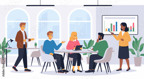 Diverse colleagues collaborate in a modern office, discussing a presentation