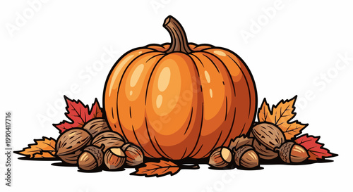 A festive autumnal arrangement featuring a plump orange pumpkin, surrounded by assorted nuts and vibrant fall leaves