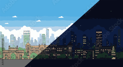 Pixelated cityscape showing day transitioning into night with distinct architectural styles