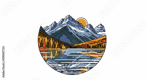 Stylized mountains and autumnal forest reflected in a serene lake under a setting sun