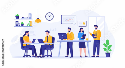 Colleagues collaborate and work efficiently in a modern office setting, discussing projects and tasks with focus and teamwork