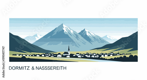 Stylized village nestled in a valley beneath snow-capped mountains