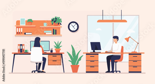 Two people working at desks in a modern office with plants and computers