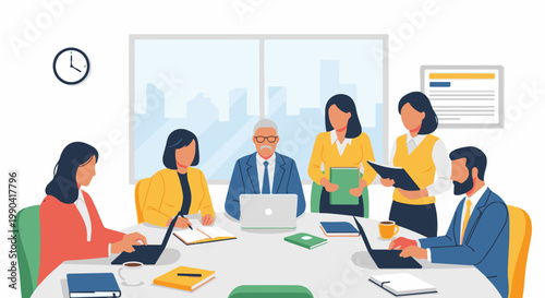 Diverse professionals in a modern office meeting, collaborating around a table with laptops and documents