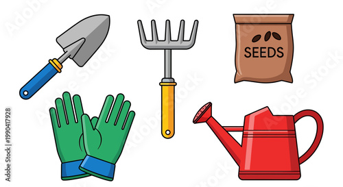 Garden tools set illustration shovel rake seeds gloves and watering can