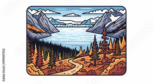 A picturesque pixel art scene of a mountain lake with trees and a winding path