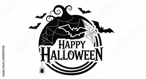 Halloween bat silhouette with spiderweb and swirled clouds above Happy Halloween lettering for spooky holiday poster