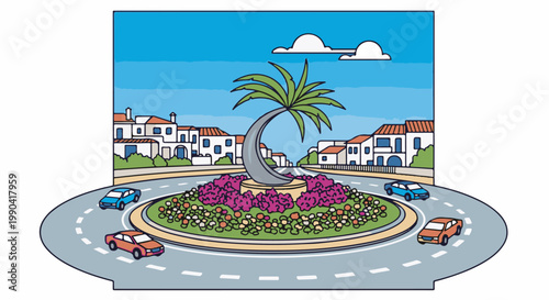 Circular road with colorful flowers, a stylized palm tree, and buildings under a blue sky