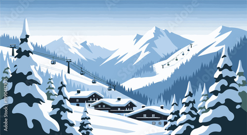 Snow-covered mountain village with ski lifts and pine trees, in a minimalist, pixelated style