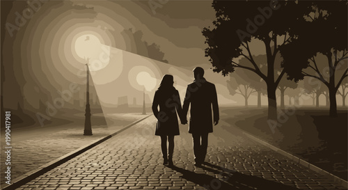 A couple walks hand-in-hand down a cobblestone path under a streetlamp's glow at dusk
