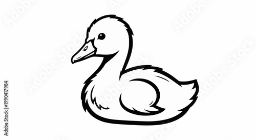 A simple, stylized black and white illustration of a baby duck