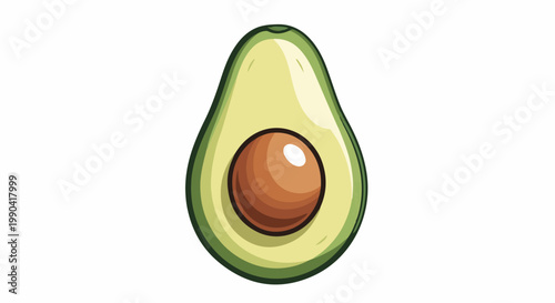 A cartoon illustration of a halved avocado with a large brown seed in the center