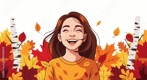 A cheerful girl laughs amidst falling autumn leaves and birch trees