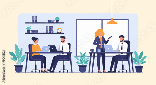 Professionals collaborate and work on laptops in a modern office environment