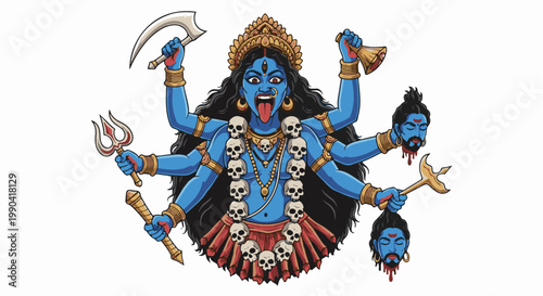 A blue multi-armed divine figure with fierce expression, holding weapons, skulls, and severed heads