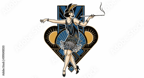 Art deco flapper girl in fringed dress, smoking, elegant pose on abstract heart backdrop