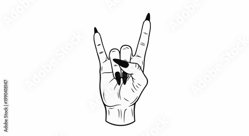 Hand making the rock-on gesture with sharp, dark fingernails against a white background