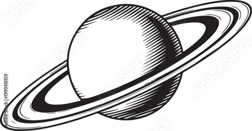 Saturn Planet Illustration Black and White Engraving Style Space Icon.