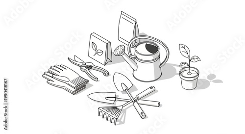 Gardening tools illustration pruning shears shovels watering can seeds and gloves