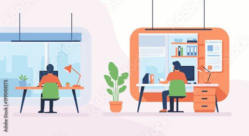 Two individuals work at desks with computers and lamps in an office setting