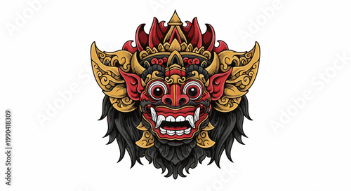 A detailed, brightly colored illustration of a traditional, fierce-looking mask with red and gold ornamentation