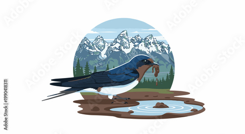 Bird with worm near muddy puddle before majestic snow-capped mountains