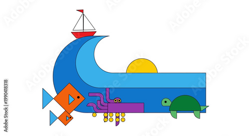 Geometric ocean scene with ship fish octopus and turtle illustration