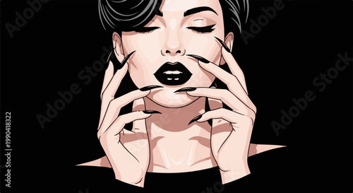 Portrait of a woman with dark hair, striking black lipstick, and long pointed fingernails