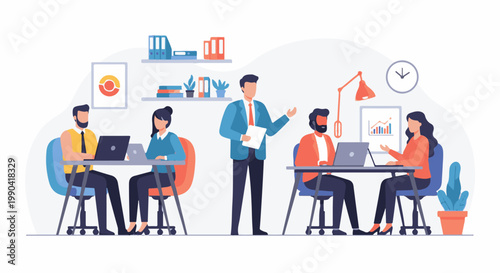 Diverse professionals collaborate in a modern office, discussing ideas and working on laptops