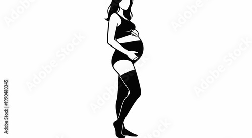 Pregnant woman silhouette in underwear and thigh-high stockings, arms cradling belly