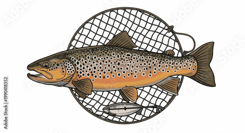 A brown trout, its body covered in spots, is caught in a fishing net with a smaller fish