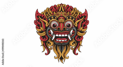 Intricate red and gold ornate mask with large eyes and fangs