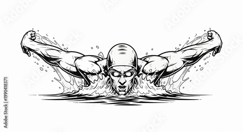 Dynamic black and white illustration of a powerful swimmer performing the butterfly stroke with energetic water splashes