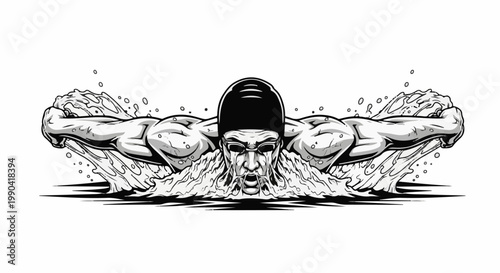 A monochrome illustration of a swimmer in mid-stroke, with arms extended forward