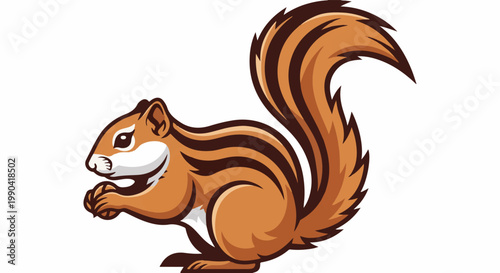 A cartoon chipmunk with striped fur holds a nut, its bushy tail curled upwards